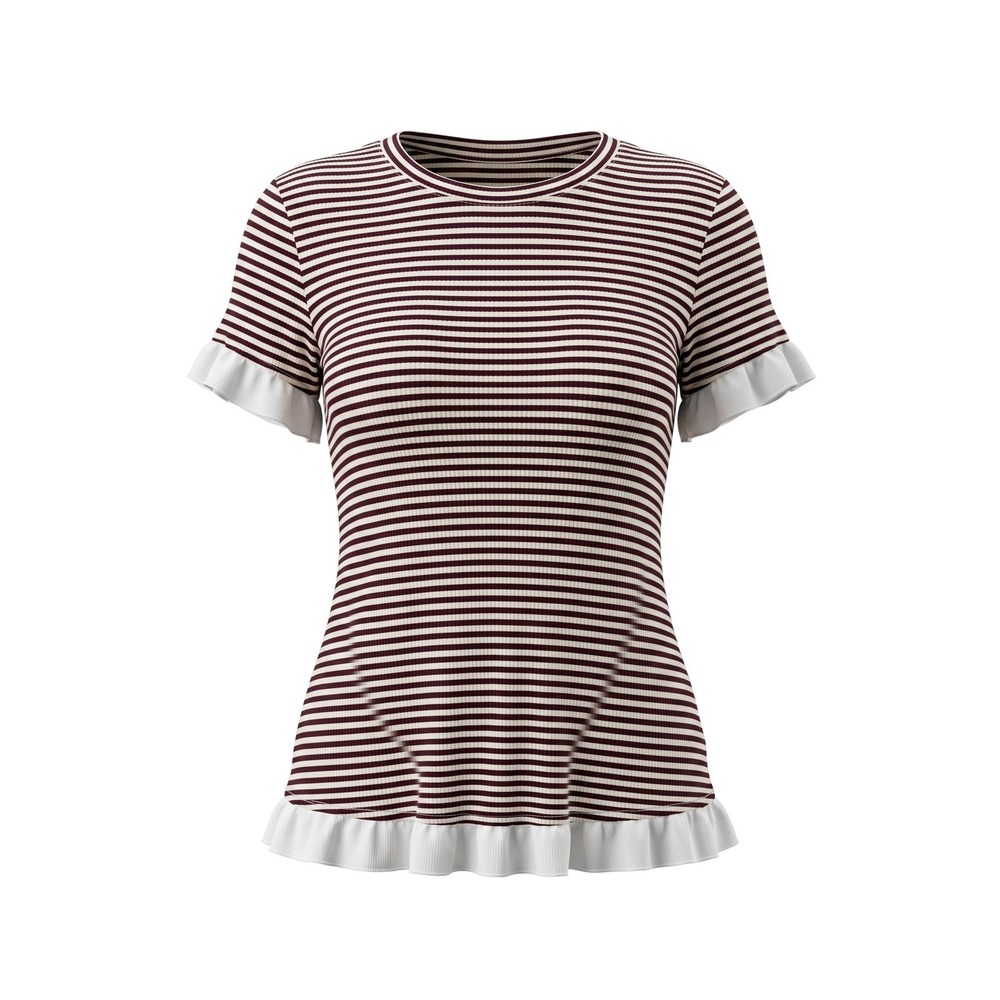 Altar'd State Top Burgundy White Striped Ruffle Trim Ribbed Knit - Small - Picture 1 of 5